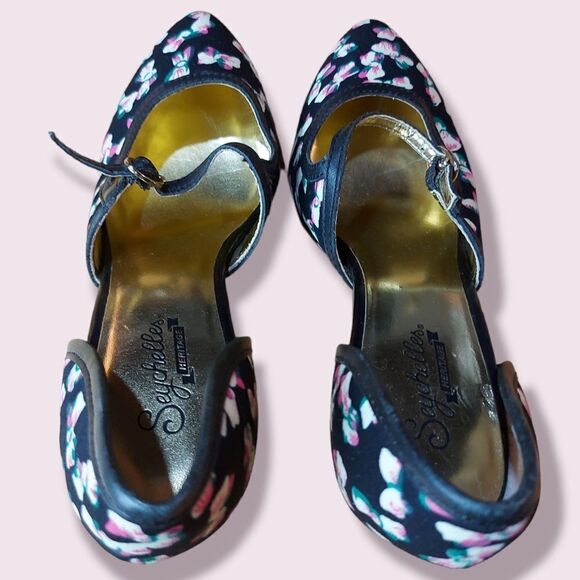 Seychelles Rockabilly Retro Pinup Black Bow Heels Size 7.5 - Picture 3 of 10